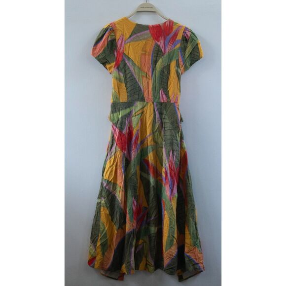 Farm Rio Yellow Garden Midi Dress Women's Medium Linen Bamboo Rings Cutout - Picture 7 of 9